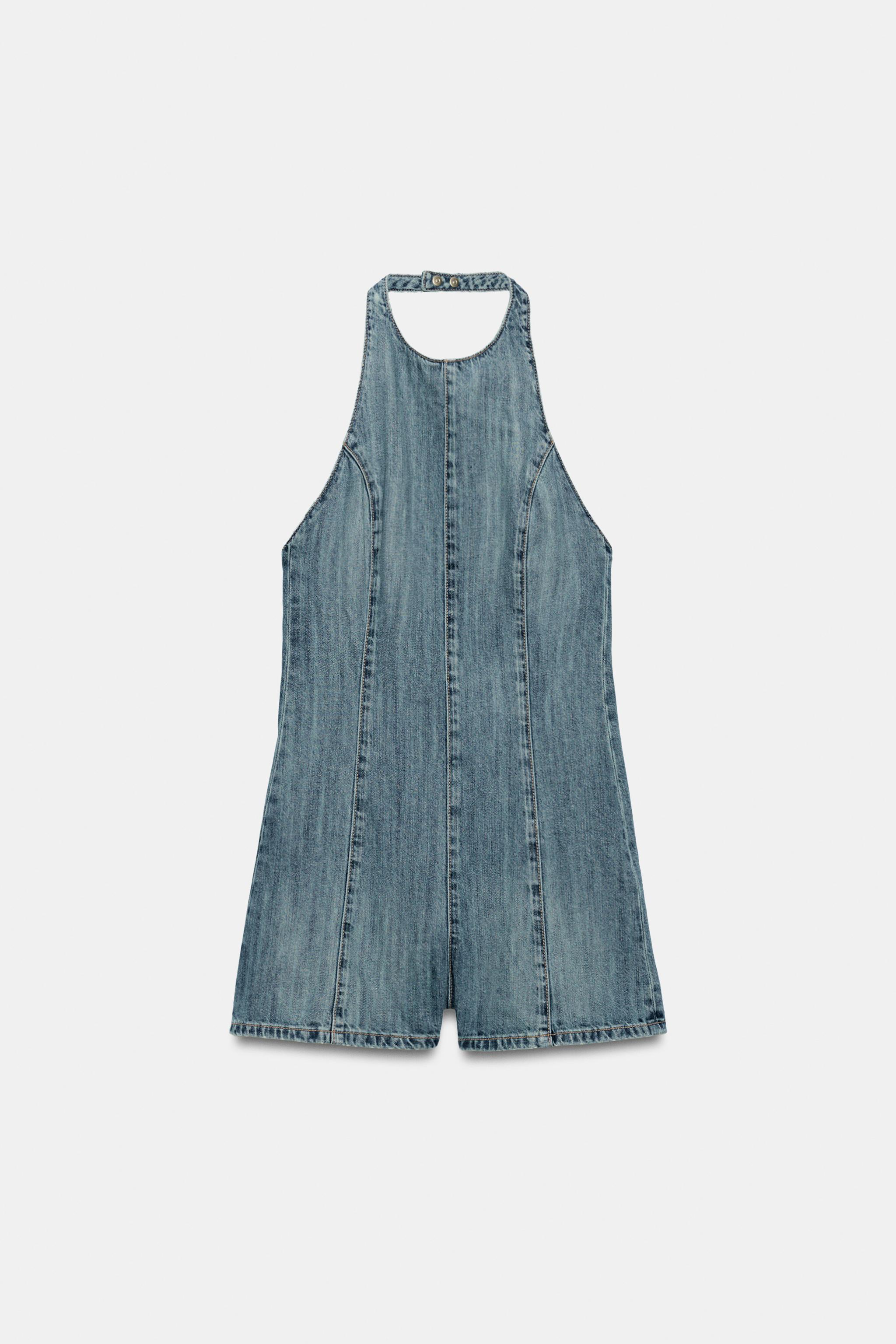 TRF HALTER DENIM SHORT JUMPSUIT